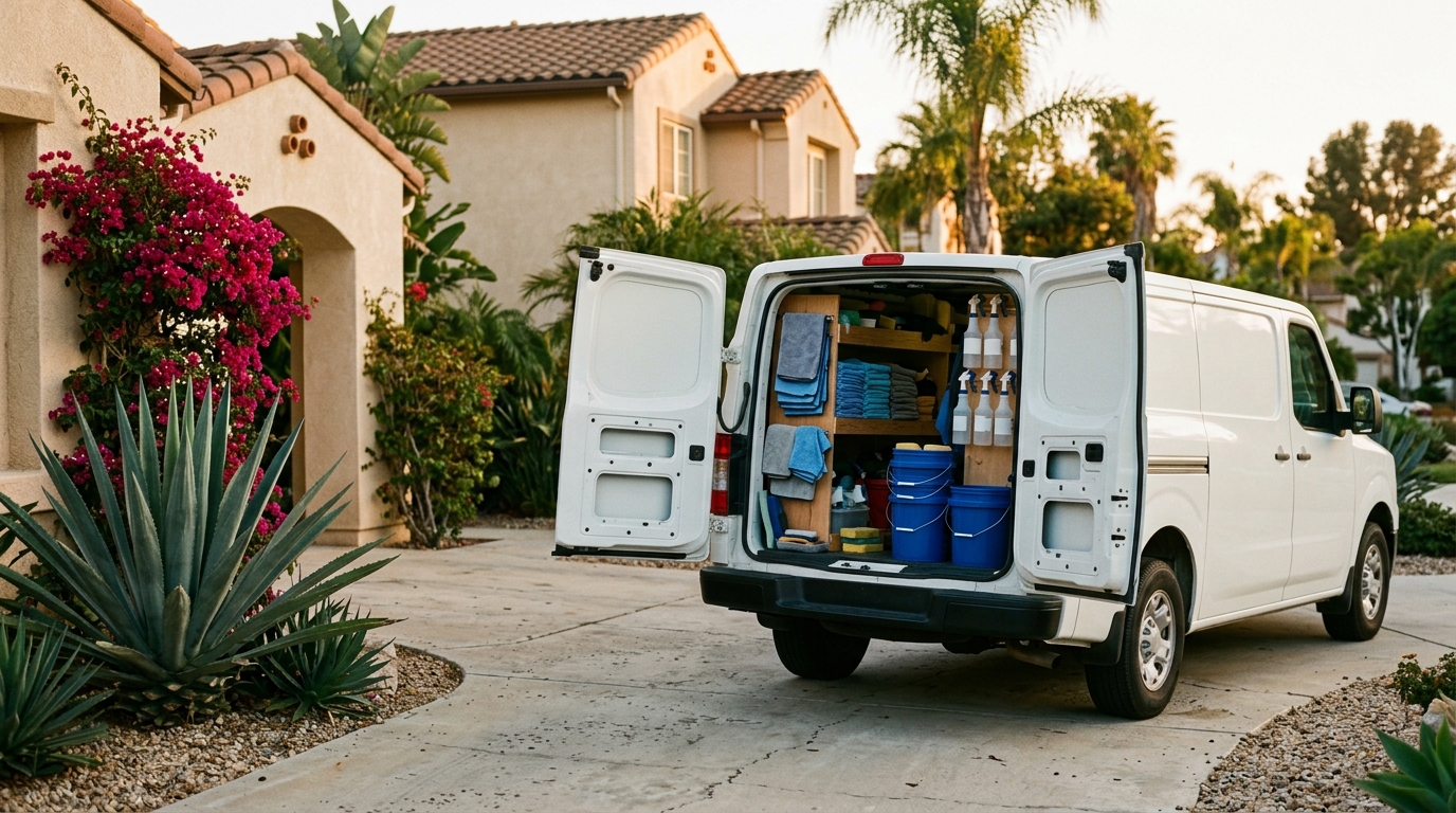The detailing van with rear doors open in a driveway at golden hour